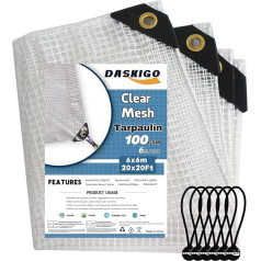 DASKIGO 6 x 6 m Heavy Duty Reinforced Mesh Tarpaulin Transparent Waterproof Mono Board Clear 6 x 6 m Pack of 6 Bungee Balls