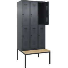 kaiserkraft | Doppelstock-Spind Evolo Plus Sitzbank | 3 Abteile | grau | B 900 mm | Sicherheits-Drehriegel | mit untergebauter Sitzbank | Buche