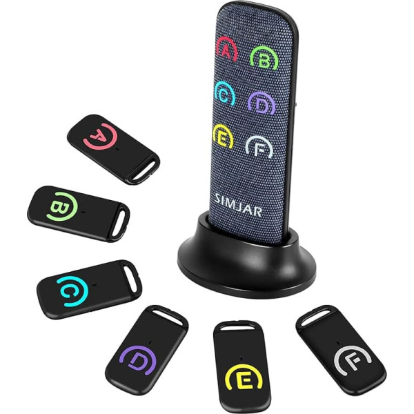 Simjar Key Finder with Thinner Receivers and Advanced Fabric Remote Control, Simjar 80dB+ RF Item Locator with 131 Feet Range, 1 RF Transmitter and 6 Receivers
