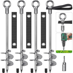 Insaga 4 Tent Pegs, 42 cm Stainless Steel Tent Pegs, Stable Long Ground Anchor, Ground Anchor, Screw Pegs, Tent Hooks for Trampoline, Swing, Camping, Shed, Dog, Carport with Fixed Loop Band