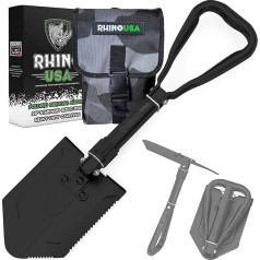 RHINO USA Folding Shovel with Hoe as Survival Equipment - Heavy Duty Carbon Steel Folding Shovel German Army Style for Terrain, Camping, Gardening, Beach, Shoveling Soil, Mud and Snow