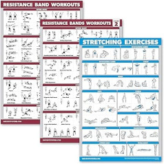 Palace Learning 3 Pack: Resistance Bands Workouts Volume 1 & 2+ Stretching Poster Set - Set of 3 Training Charts (Laminated, 18