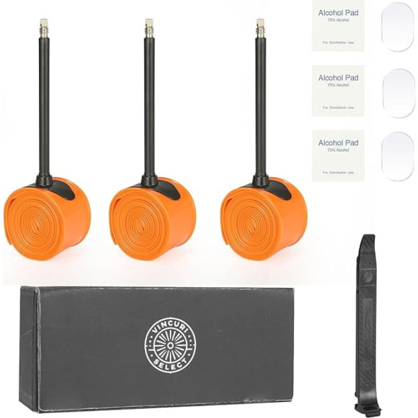 VincuriSelect Inner Tubes Set of 3 Ultra Light TPU Inner Tubes for Road Bike Comletible with 700x18c-32c Tyres, Presta 85mm + Tyre Lever & Repair Kit
