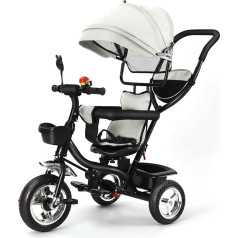 Baby Tricycle Grows with Your Child from 10 Months with Adjustable Parent Cane, Footrest, Sun Visor, Basket and Storage Bag (Light Grey)