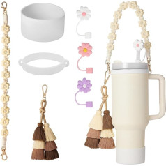 Kompatibel mit Stanley-Becher-Zubehör-Set, Tassenzubehör für 850 ml, 1,134 ml, inklusive Silikon-Wasserflaschengriffband, Stiefel, Quasten-Charms, Blumenstrohaufsatz-Abdeckkappe für Stanley (weiß)