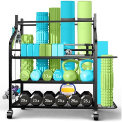 Dumbbell Stand, Home Gym Weight Rack, Yoga Mat Storage Racks, Weight Rack for Dumbbells, Kettlebells, Yoga Mat and Balls, All in One Workout Storage with Wheels and Hooks