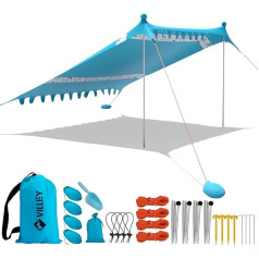 VILLEY Sun Tent 3 m x 3.3 m Lycra Beach Tent Blue, UV Protection UPF50+ Sun Protection Beach 6 Person Tent, Parasol Beach with Sandbag and 4 Support Poles for Picnic, Fishing, Sun Protection