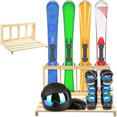 Cinnvoice Wooden Ski Storage Rack Freestanding Ski Organizer Garage Floor Stand Ski Holder Ski Floor Bracket for 4 Ski Boots Helmets Poles Organizer Snowboard Display (2 Tiers)