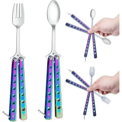 ZOWZOW Butterfly Fork and Spoon Stainless Steel Reusable Spork for Travel Camping Hunting Outdoor Kitchen (Purple)