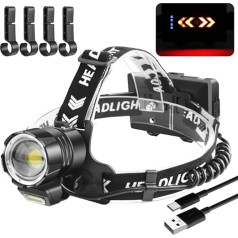 NAKCNM LED Rechargeable Headlamp, 15000 Lumens, Super Bright Head Torch with COB Light, 3 Light Modes, Adjustable Focus, Power Bank Function, IP68 Waterproof Headlamp