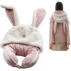 IXITON Travel Pillow Blanket, 2 in 1 Neck Pillow with Hood, Portable Blanket Poncho (Rabbit)