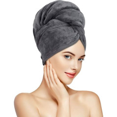 SUNLAND Microfiber Hair Drying Towel, Anti Frizz Towel, Super Absorbent, Quick Drying, Turban, for Wet and Curly, Soft Head Towel with Elastic Band, 24 x 43 inch, Grey