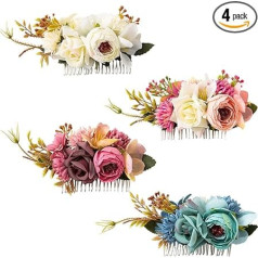 Cinaci 4 Pieces Artificial Flower Metal Hair Combs for Wedding Bridal Headpiece Hairpins Hair Clips Bun Chignon Hair Accessories for Women Flower Girls Brides Bridesmaids