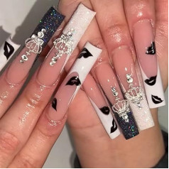 Coffin Long False Nails Crown Press on Nails Valentine's Day French Fake Nails Ballerina Acrylic Stick on Nails 24pcs for Women and Girls
