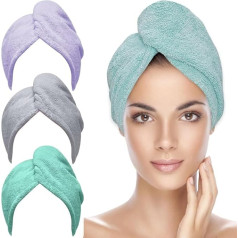 bamboos Mikrofaser-Handtuch, 3 Packungen Haarturbane für nasses Haar, zum Trocknen von Haaren für lockiges Haar, Anti-Frizz (lila, grau, grün)