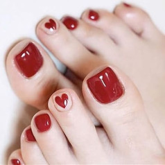 False Toe Nails Red Acrylic Stick On Toeails False Feet Nails Heart False Toenails Full Cover Fake Toenails 24 Pieces for Women and Girls