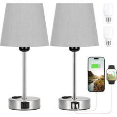 Kakanuo Bedside Lamp Touch Dimmable Set of 2, Table Lamp with Charging Function, USB A+C Connections, Sockets, Grey Lampshade, Small Lamp for Bedside Table, Bedroom, Living Room, Baby Room, Office