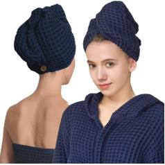 KOSMU Hair Towel | Hair Drying Waffle Turban for Women, Water Wicking, Ultra Absorbent, Anti-Frizz, Organic Cotton and Silk, Hair Damage Protection for Straight and Curly Hair (Ocean, 1 Piece)