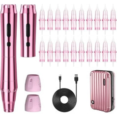 Biomaser Wireless Permanent Makeup Machine with 2 Batteries 20 Pieces Cartridges Needles for Beginners and Artists (Pink)