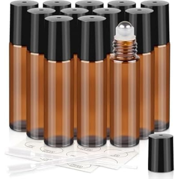 ZEJIA Glass Essential Oil Roller Bottles Refillable Perfume Stainless Steel Roller Ball Cap Bulk Set, Brown - 015