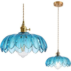 HJXDtech Vintage Glass Pendant Light, Flower-shaped Lampshade, Brass E27 Socket, Elegant Glass Pendant Lamp for Kitchen Island, Dining Table & Living Room (Blue)