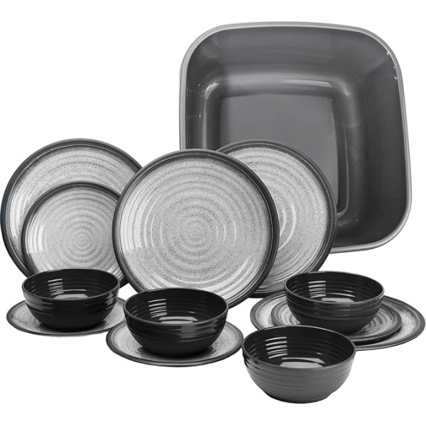 Melamine Camping Crockery for 4 People in Grey, 13 Pieces, with Washing Bowl, with 4 Large Plates, 4 Dessert Plates, 4 Bowls, Very Robust, Thick-Walled, Colourfast, Modern Design, Lightweight