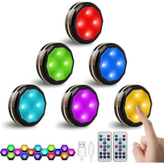 POCKETMAN Pack of 6 LED RGB dimming lights, built-in battery, 16-colour showcase lighting, magnetic installation, touch cabinet light, USB charging, wireless remote control light, bedroom (black)