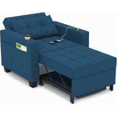 Duraspace 99 cm Sleeper Chair, 3-in-1 Convertible Chair Bed, Extendable Sleeping Chair, Sofa Bed with USB Ports, Side Pocket, Drink Holder for Small Space, Blue