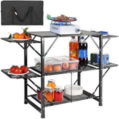 Vevor Camping Kitchen Table, Aluminium, Foldable, Portable, Outdoor Cooking Station with 4 Iron Sides, 2 Shelves and Carry Bag, Quick Installation for Picnic, BBQ etc.