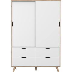 Forte VANKKA Wardrobe 140 Wardrobe Sliding Doors, Scandinavian Style, 2 Doors with 4 Drawers for Bedroom or Children's Room, Wooden Decor: Oak with White 139 cm Wide x 201.5 cm High x 53 cm Deep