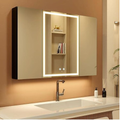 KWW LED Illuminated Bathroom Medicine Cabinet with Mirror, Colour Temperature Adjustable, Anti-Fog Dimmable Lights, Sockets for USBs (100 x 70 cm)