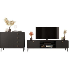 Mirjan24 Nutero I Living Room Set, Wall Unit, Living Room Cabinet, Square Metal Handles, Cabinet Wall, Milled Front, in Set: Chest of Drawers, TV Cabinet (Black)