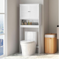 Costway Freestanding Toilet Shelf, Bathroom Shelf with Double Door & Adjustable Shelves, Overmount Cabinet, Washing Machine Cabinet, Bathroom Cabinet, 66 x 25.5 x 157 cm, White