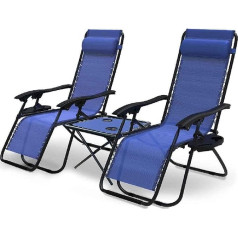 Vounot Set of 2 Folding Deck Chairs with Side Table, Garden Relaxing Chair with Drink Holder and Head Cushion, Blue