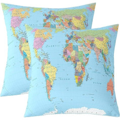 Set of 2 Pillow Covers World Map 18x18 Inch Multicolor 3D Geography Blue Ocean Pillow Cases America Europe Asia Africa Pillow Cases Set