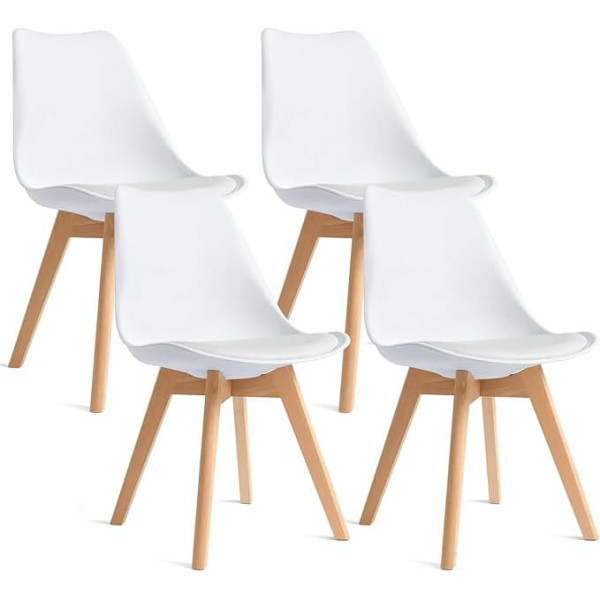 Canglong 4 Dining Chairs with Solid Beech Wood Legs Modern Retro Midcentury Design Upholstered Chairs for Kitchen Dining Room Living Room White