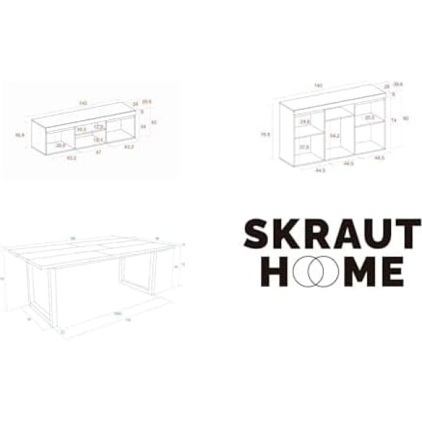 Skraut Home - Living Room Furniture Set | Table 200 Edge Black U-BLegs 10 People | Lowboard 140 | Sideboard/Buffet Cabinet 140 | Oak and Black | Industrial Style