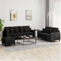 Klyeon 3-Piece Sofa Set with Cushion, Black Velvet, Elegant Velvet Seat Set with Stool, Comfortable Sofa 2 or 3 Seater for Living Room and Bedroom, Living Room, Sofas