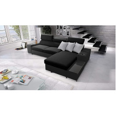 All4All Sante Corner Sofa with Sleep Function 291 x 182 cm - Sofa with Bed Box - Sofa Bed L-Shape - Corner Couch - for 3 People - Right Side - Black - Sawana 14 + EKJ 5 - Modern 26