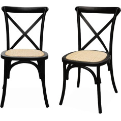 Set of 2 Black Hevea Wooden Bistro Chairs Vintage Rattan Seat Stackable