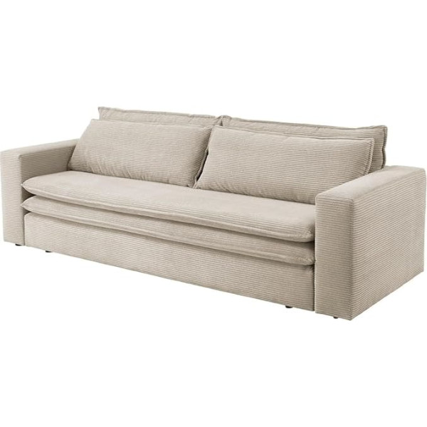 Furn.design Sofa Bed in Beige Cord Sofa 3-Seater Sofa Bed Couch with Sleep Function Fold-Out Upholstered Furniture Couch Set 244 cm Pesaro (Beige, Without Stool)