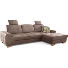 Cavadore Puccino Corner Sofa with Spring Core, Bed Function, Adjustable Backrest and 2 Headrests, L-shaped Couch in Country House Style, 281 x 86 x 178 cm, Microfibre Light Brown