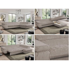 Mks Meble Sofa L, Living Landscape L-Shape with Sleep Function and Bed Box, Sofa Bed with Bed Box, Corner Sofa, Sofa with Adjustable Headrests, Pedro L - Grey Cord - Right