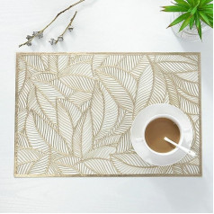 Amdxd Set of 4 Place Mats Fabric Washable Square PVC Place Mats Washable Rectangular with Leaf Non-Slip Table Coasters Natural Gold for Home Restaurant Dining Table 45 x 30 cm