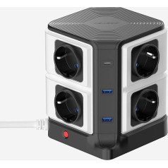 BESTEK Multiple Socket Surge Protection, 20 W PD Quick Charge, 8 Way Multiple Socket with 3 USB, Power Strip with Single Switch, Surge Protection, 4000J Joules, Black