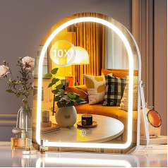 Hasipu Make-Up Mirror with Illumination, 35 x 30 cm Cosmetic Mirror with LED Light, Dimmable Vanity Mirror with 3 Colour Lighting Modes, Touch Switch, 360° Rotatable, 10x Magnification, White
