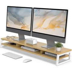 Fenge Dual Monitor Stand Riser 108 cm Large Computer Screen Stand for PC/Laptop/Fax/Printer/TV, Desk Organiser, Load Capacity 45 kg, Oak