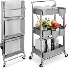 Shrivee Foldable 3 Tier Metal Rolling Cart Folding Mobile Multifunctional Storage Cart for Home Library Office (Grey)