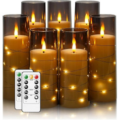 JINYANIA Flameless LED Candles, Battery Operated Pillar Candles with Embedded Star String Fairy Lights, with Remote Control and Timer, Home Decoration Adds a Romantic, Set of 7 (Grey)