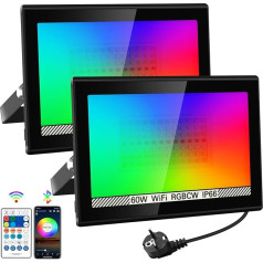 NATPOW LED Outdoor Spotlight, 60 W Smart RGB Spotlight with Remote Control, Bluetooth App, LED Floodlight, Colour Changing Spotlight, IP66 Waterproof Floodlight for Gardens, Courtyards (Pack of 2)